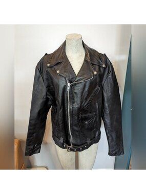 Vintage 1980's Heavy Genuine Leather Motorcycle Jacket, Size 46  L/XL